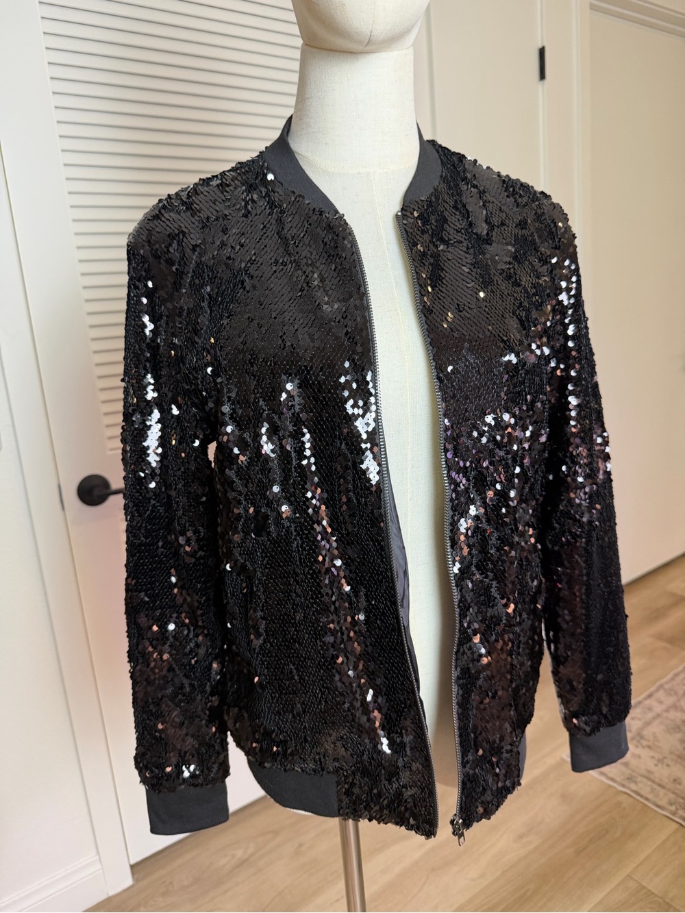 Black Sequin Bomber Jacket - Women